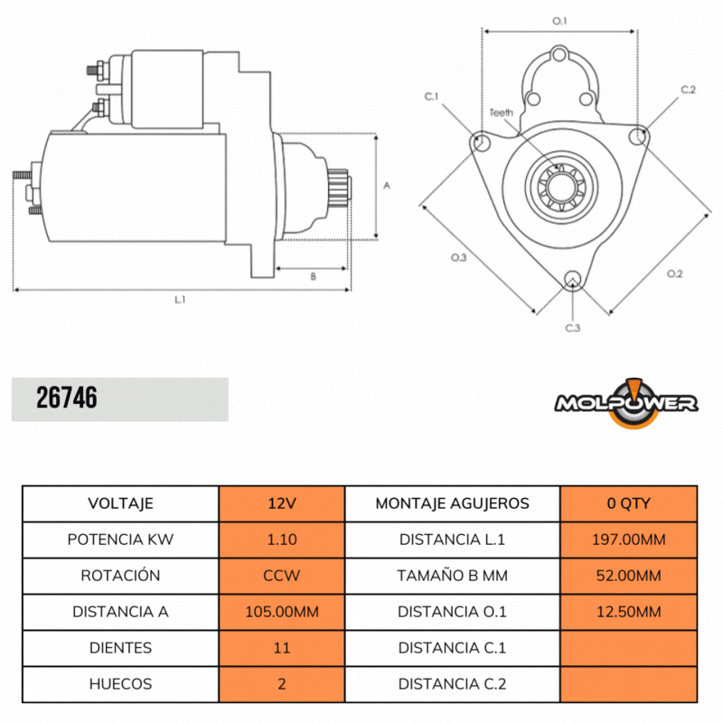 MOTOR ARRANQUE VOLSKWAGEN FOX GOL KOMBI PARATI POLO SPACECROSS SPACEFOX VOYAGE 12V T11 1.1KW