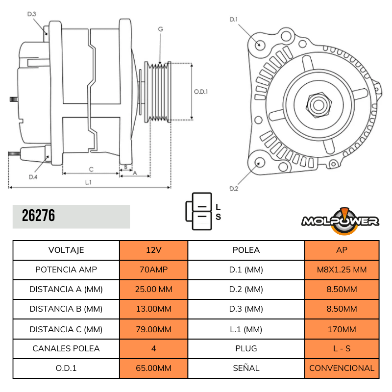 ALTERNADOR MITSUBISHI PAJERO MONTERO 2.4 2.6 PATA RECTA 12V 70AMP 4PK TIPO MITSUBISHI