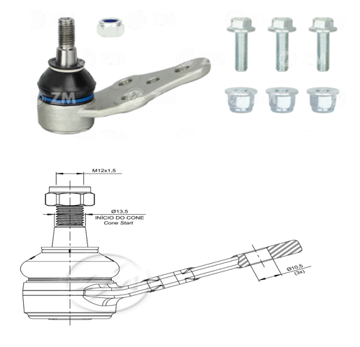 [51ZM-47013403] ROTULA SUSPENSION DAEWOO RACER 1.5 1993-1997 CIELO 1.5 2005-2001 LANOS 1.5 1998-2003 ESPERO 2.0 1993-1996 (TRAE 3 TORNILLOS-3 TUERCAS) TNK DWA9010