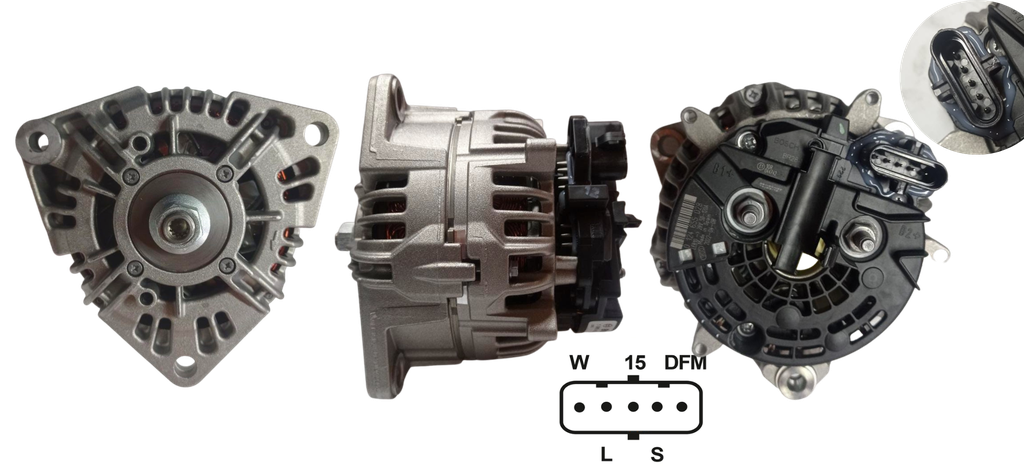 ALTERNADOR MERCEDES BENZ ATEGO 1725 /1726 /ACTROS 2040 /2644 /3340 /AXOR 2533 /3131 /BUSES O500 3 OREJAS 24V 120A  5P SEÑAL P-L-IG-S-FR SIN POLEA BOSCH