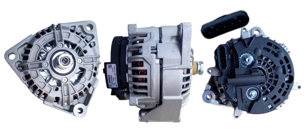 ALTERNADOR MERCEDES BENZ ATEGO 1725 /1726 /ACTROS 2040 /2644 /3340 /AXOR 2533 /3131 /BUSES O500 3 OREJAS 24V 100A  5P SEÑAL P-L-IG-S-FR SIN POLEA BOSCH