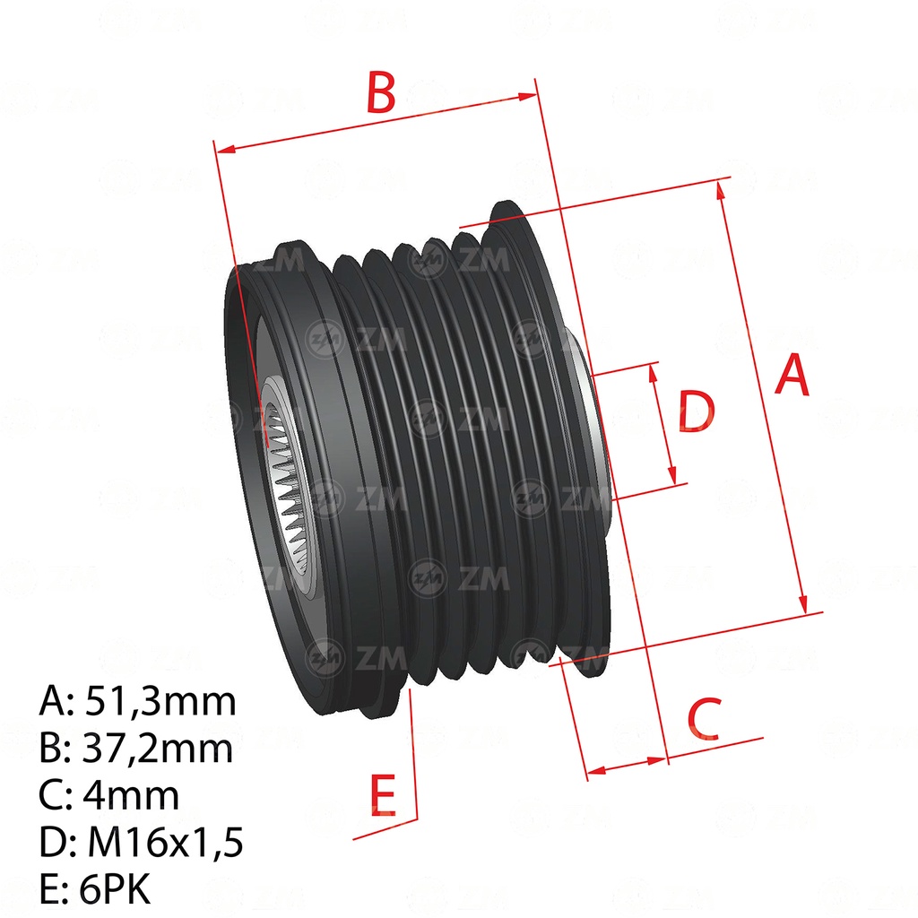 [5696.012.65] POLEA RUEDA LIBRE HYUNDAI ACCENT I25 ELANTRA I20 I30 IX20 IX35 TUCSON VELOSTER CRETA KIA CARENS CERATO RIO SOUL SPORTAGE STONIC 6X16