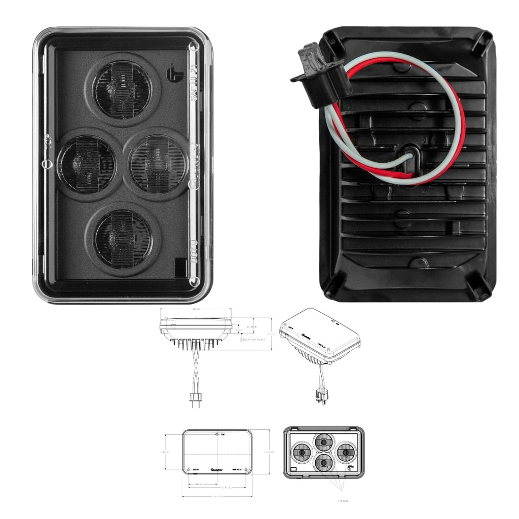 [TL-37645C] LAMPARA SERIE 37, LED, 4 X 6, RECTANGULAR, 4 DIODOS, TRANSPARENTE, LENTE DE POLICARBONATO, CABLEADO, LUZ ALTA, FARO LED DIRECTO