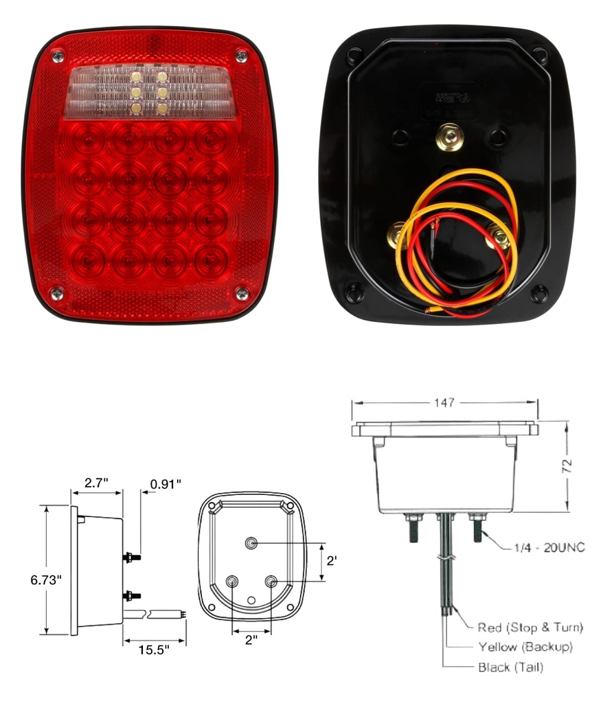 [TL-005070] SEÑAL DE GIRO, LED, LENTE ACRÍLICO ROJO/TRANSPARENTE, LH, LUZ DE CAJA COMBINADA, 3 PERNOS, LUZ DE MATRÍCULA, CABLEADO, EXTREMO PELADO, 12V